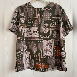 Vintage C.M. Shapes Shirt Womens Large Brown Abstract Floral Boxy Blouse 90s